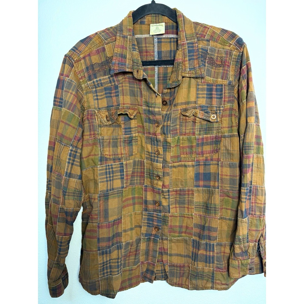 Cabela's Men's Brown/Blue Plaid Woven Cotton Button-Up W Pockets 2XL Regular